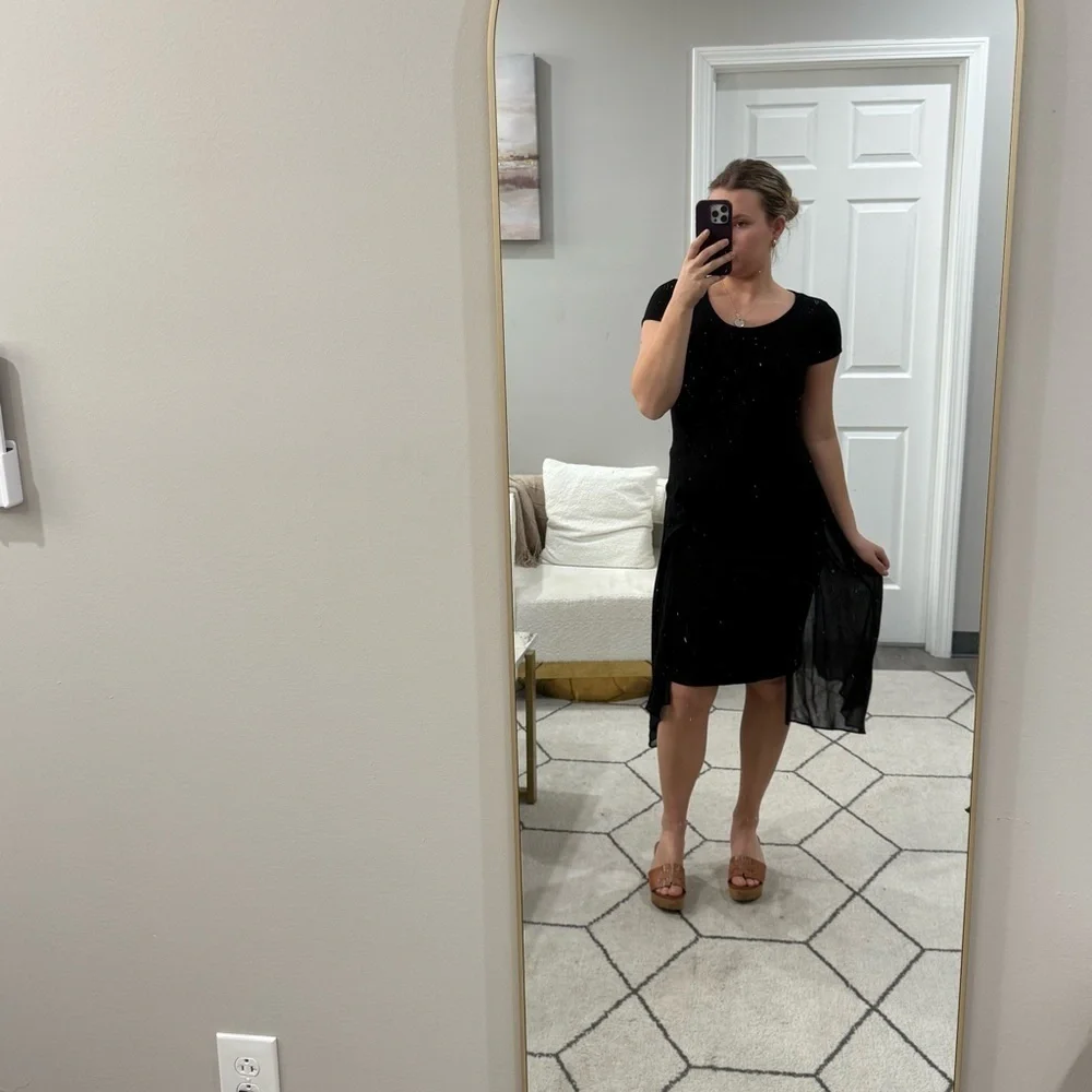 Peruvian Connection Dress Midi Bodycon Short Sleeve Mesh Overlay in Black